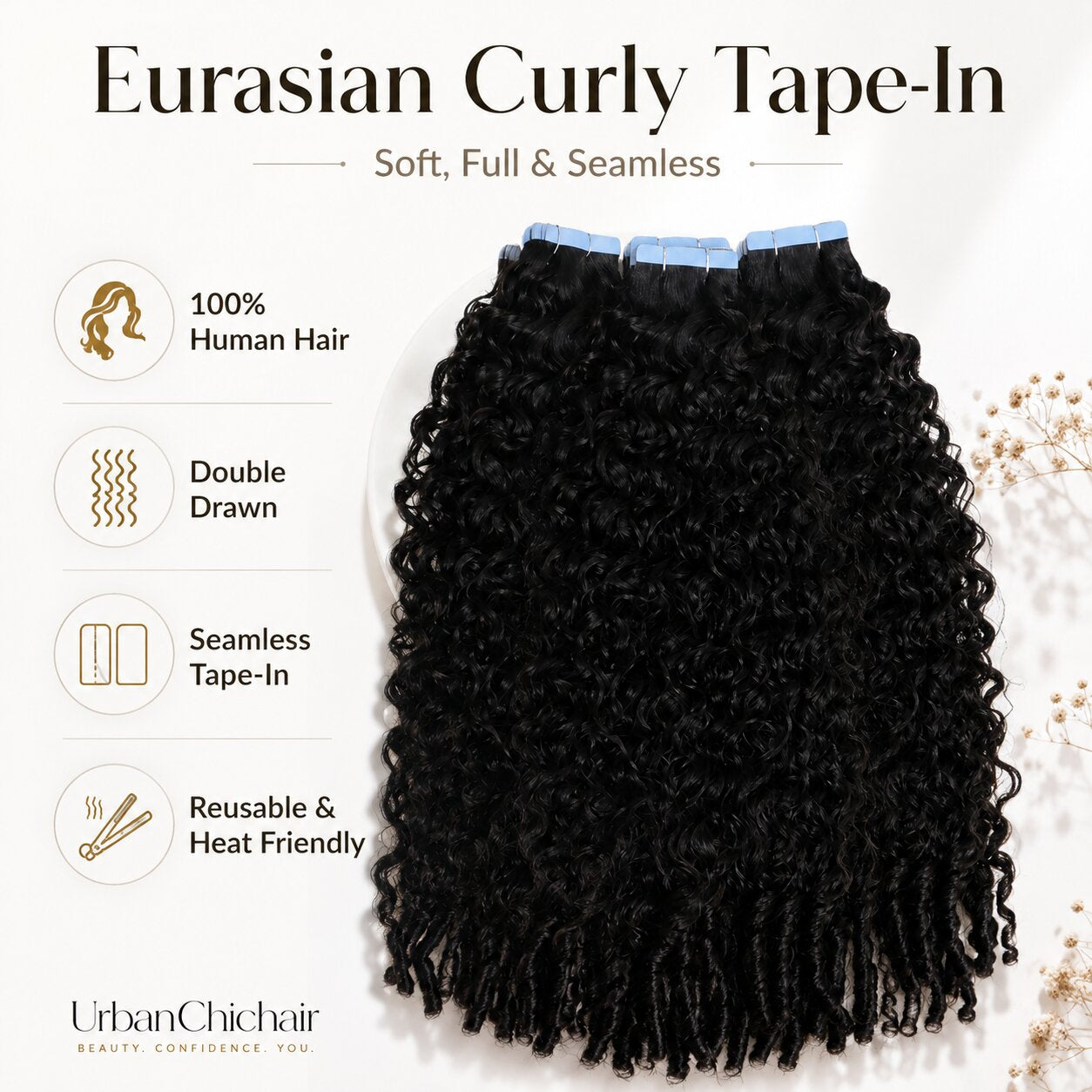 UrbanChichair Eurasian Curly Tape-In Hair Extensions product feature image showing 100% human hair, double drawn fullness, seamless tape-in design, and reusable heat-friendly curls.