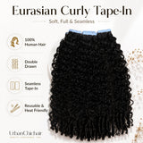 UrbanChichair Eurasian Curly Tape-In Hair Extensions product feature image showing 100% human hair, double drawn fullness, seamless tape-in design, and reusable heat-friendly curls.