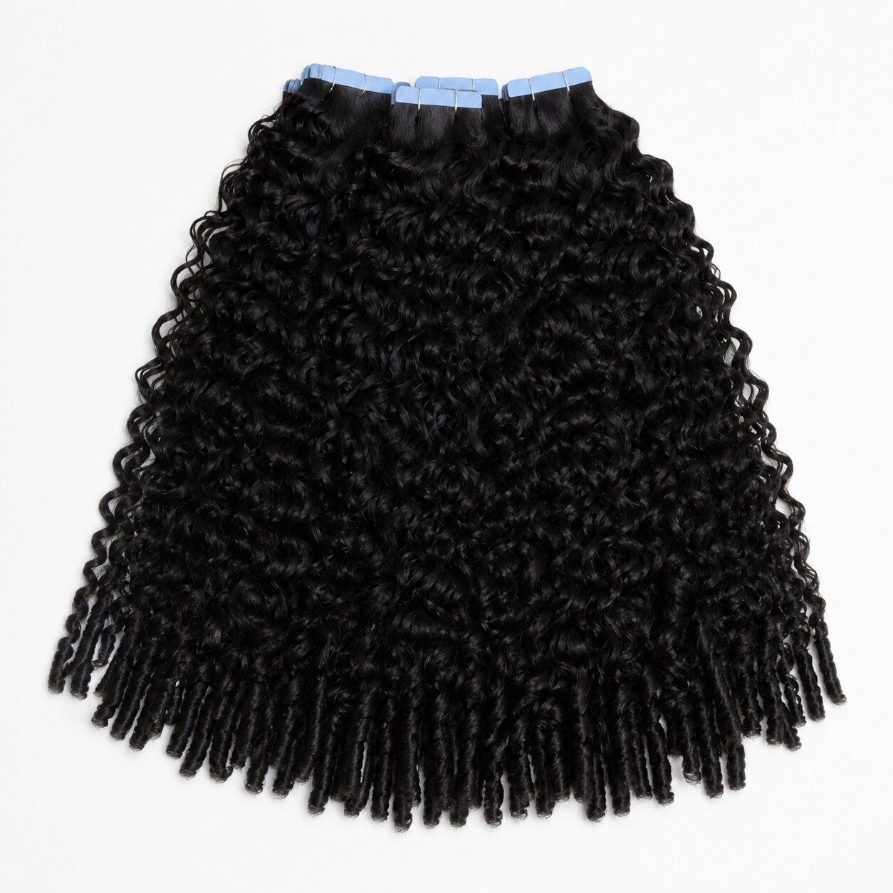 UrbanChichair Eurasian Curly Tape In Hair Extensions in natural black human hair with full double drawn curls on a clean white background.