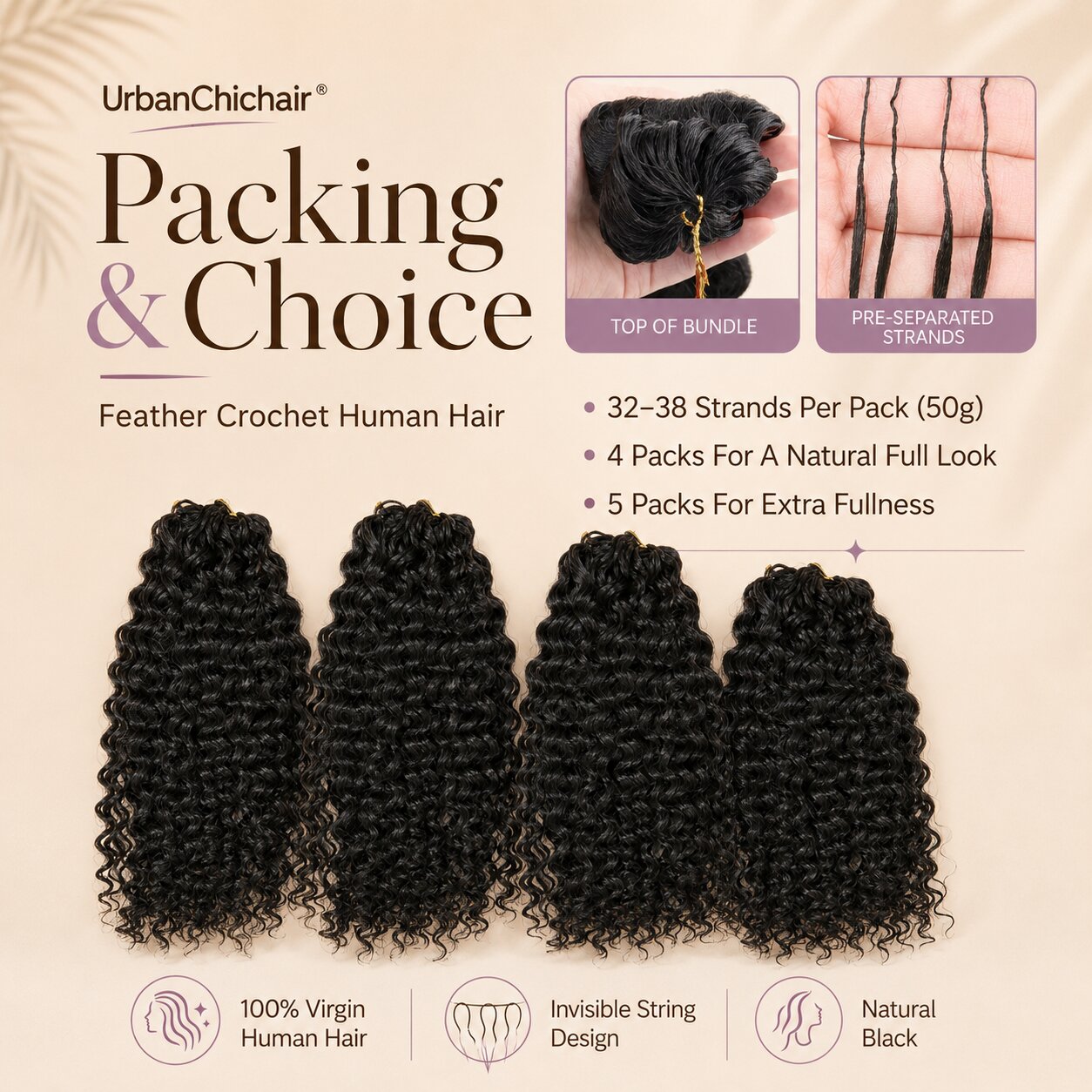 UrbanChichair Feather Crochet Human Hair lifestyle collage showing model results, easy crochet installation, and invisible string design detail.