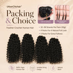 UrbanChichair Feather Crochet Human Hair lifestyle collage showing model results, easy crochet installation, and invisible string design detail.