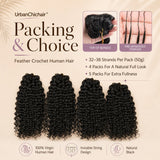UrbanChichair Feather Crochet Human Hair lifestyle collage showing model results, easy crochet installation, and invisible string design detail.