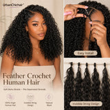 UrbanChichair Feather Crochet Human Hair packing and choice guide showing 50g natural black curly bundles and pre-separated strands.