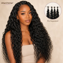 UrbanChichair Feather Crochet Human Hair product cover featuring a Black woman with natural black boho curls and pre-separated crochet hair bundles.