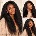 UrbanChichair Kinky Straight Crochet Human Hair product cover featuring a Black woman with long natural black textured hair, product bundle, pre-separated loop close-up, and key benefits.