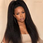 UrbanChichair Kinky Straight Crochet Human Hair product details graphic showing natural black hair bundle, premium texture close-ups, secure top construction, and pre-separated loops.
