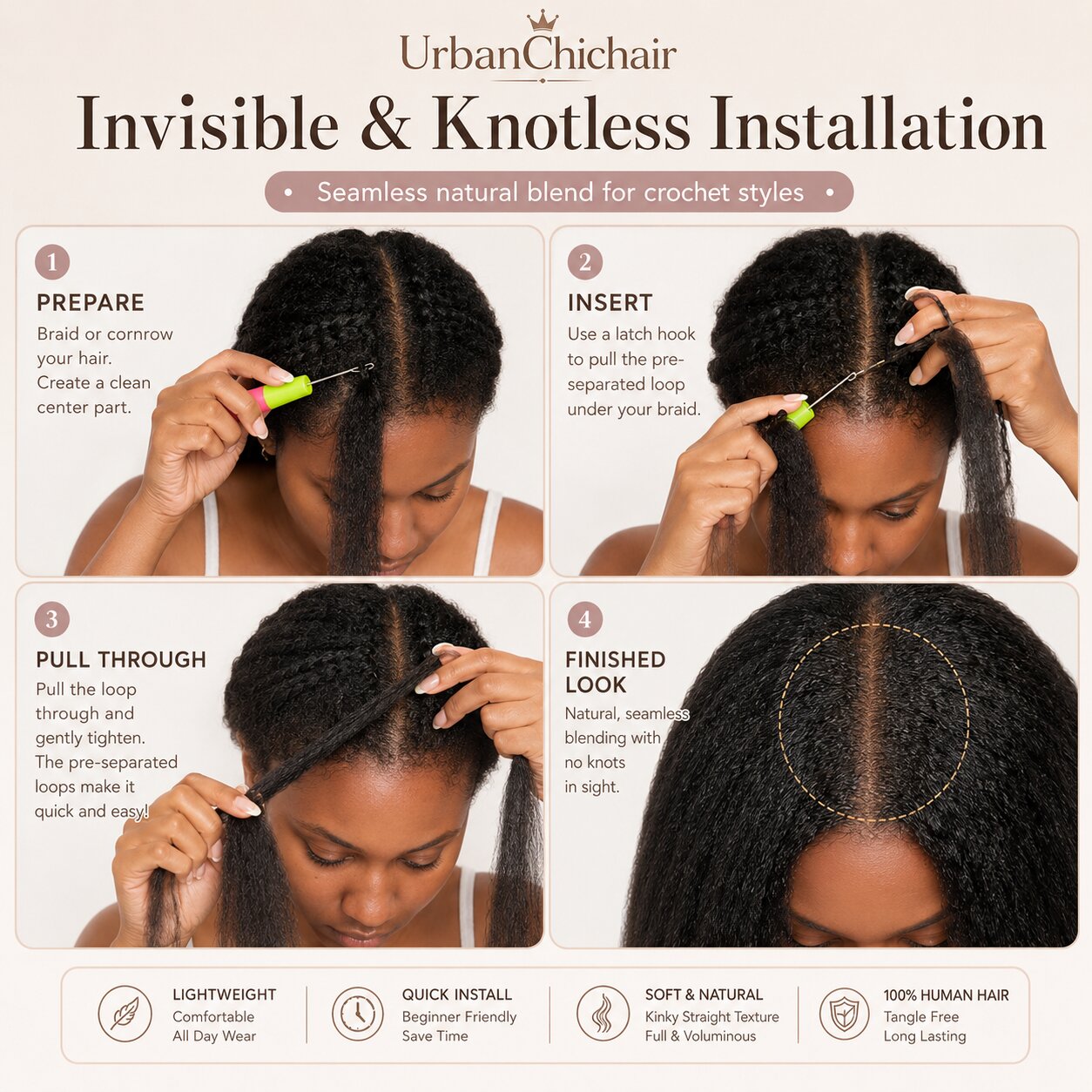 UrbanChichair Kinky Straight Crochet Human Hair specification image showing 50g pack, 14–26 inch length, 100% virgin human hair, natural black color, and pre-separated loop design.