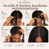 UrbanChichair Kinky Straight Crochet Human Hair specification image showing 50g pack, 14–26 inch length, 100% virgin human hair, natural black color, and pre-separated loop design.