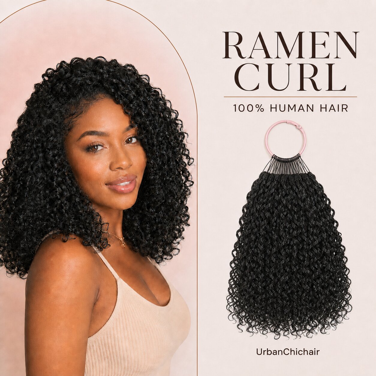 UrbanChichair Ramen Curl human hair crochet extensions with model and blush pink display ring