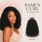 UrbanChichair Ramen Curl human hair crochet extensions with model and blush pink display ring