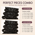 UrbanChichair Soft Body Wave Seamless Clip-in Extensions piece combo chart showing 14-18 inch 9-piece set and 20-24 inch 7-piece set.