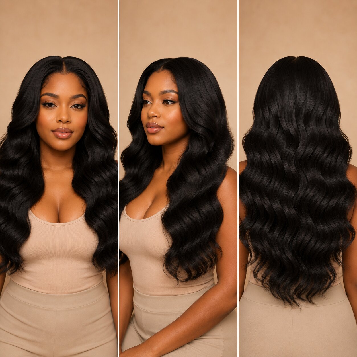 UrbanChichair Soft Body Wave Seamless Clip-in Extensions shown on a Black woman from front, side, and back views with long glossy body waves.
