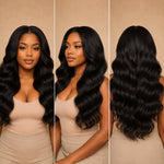 UrbanChichair Soft Body Wave Seamless Clip-in Extensions shown on a Black woman from front, side, and back views with long glossy body waves.