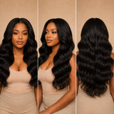 UrbanChichair Soft Body Wave Seamless Clip-in Extensions shown on a Black woman from front, side, and back views with long glossy body waves.