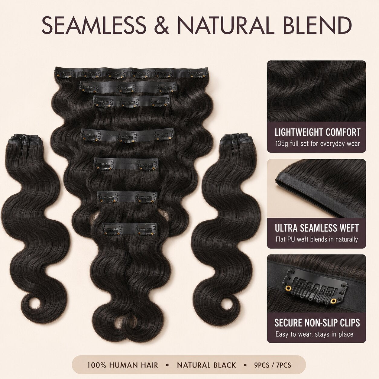 UrbanChichair Soft Body Wave Seamless Clip-in Extensions with natural black body wave texture, lightweight comfort, ultra seamless PU weft, and secure non-slip