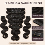 UrbanChichair Soft Body Wave Seamless Clip-in Extensions with natural black body wave texture, lightweight comfort, ultra seamless PU weft, and secure non-slip