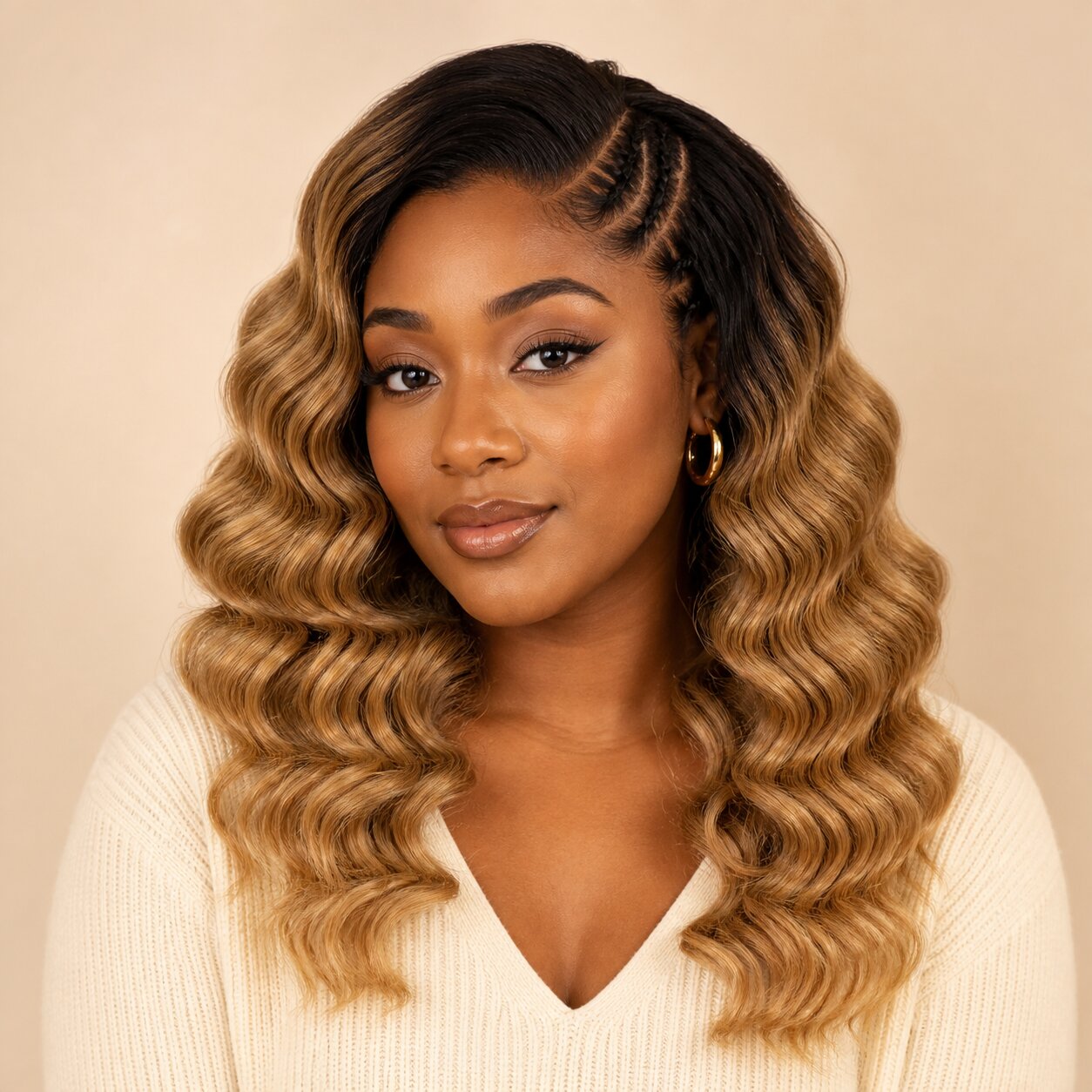 UrbanChichair #T1B/27 ombre blonde loose deep wave human crochet hair bundle on an ivory background