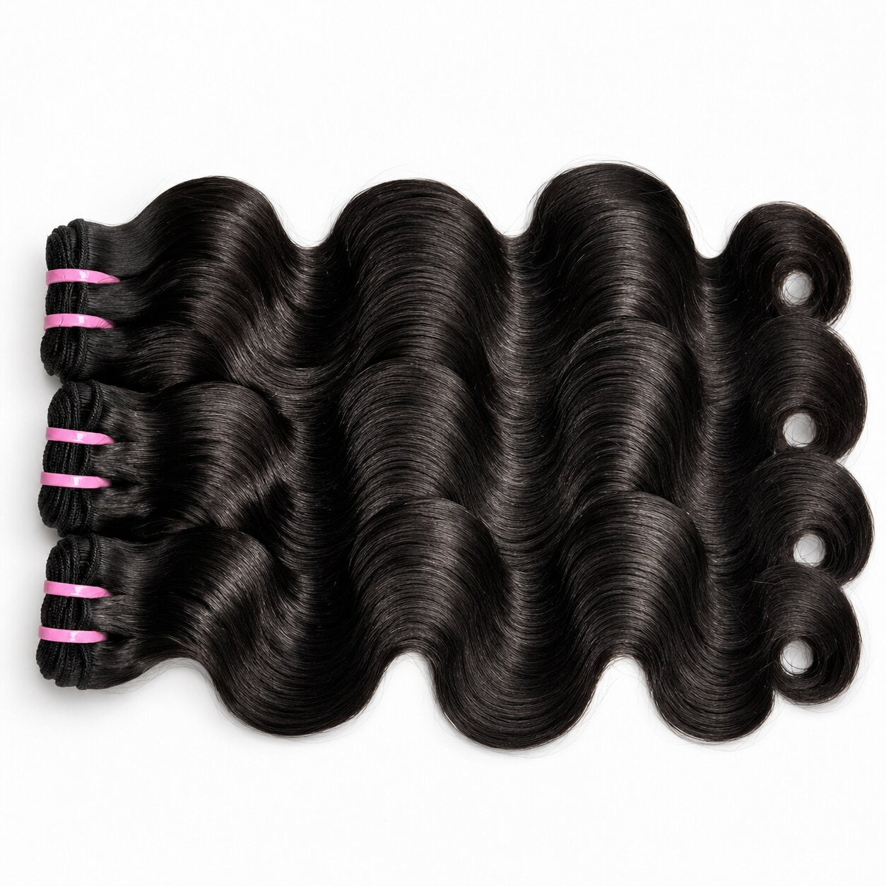 UrbanChichair Virgin Body Wave Hair Bundles Double Drawn 3 bundles flat lay in natural black color with soft glossy body wave texture