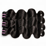 UrbanChichair Virgin Body Wave Hair Bundles Double Drawn 3 bundles flat lay in natural black color with soft glossy body wave texture