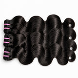 UrbanChichair Virgin Body Wave Hair Bundles Double Drawn 3 bundles flat lay in natural black color with soft glossy body wave texture