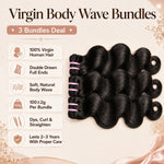 UrbanChichair Virgin Body Wave Hair Bundles Double Drawn product feature graphic showing 3 bundles deal, 100% virgin human hair, body wave texture, and full thick ends