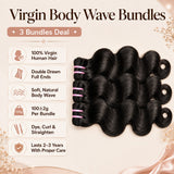 UrbanChichair Virgin Body Wave Hair Bundles Double Drawn product feature graphic showing 3 bundles deal, 100% virgin human hair, body wave texture, and full thick ends
