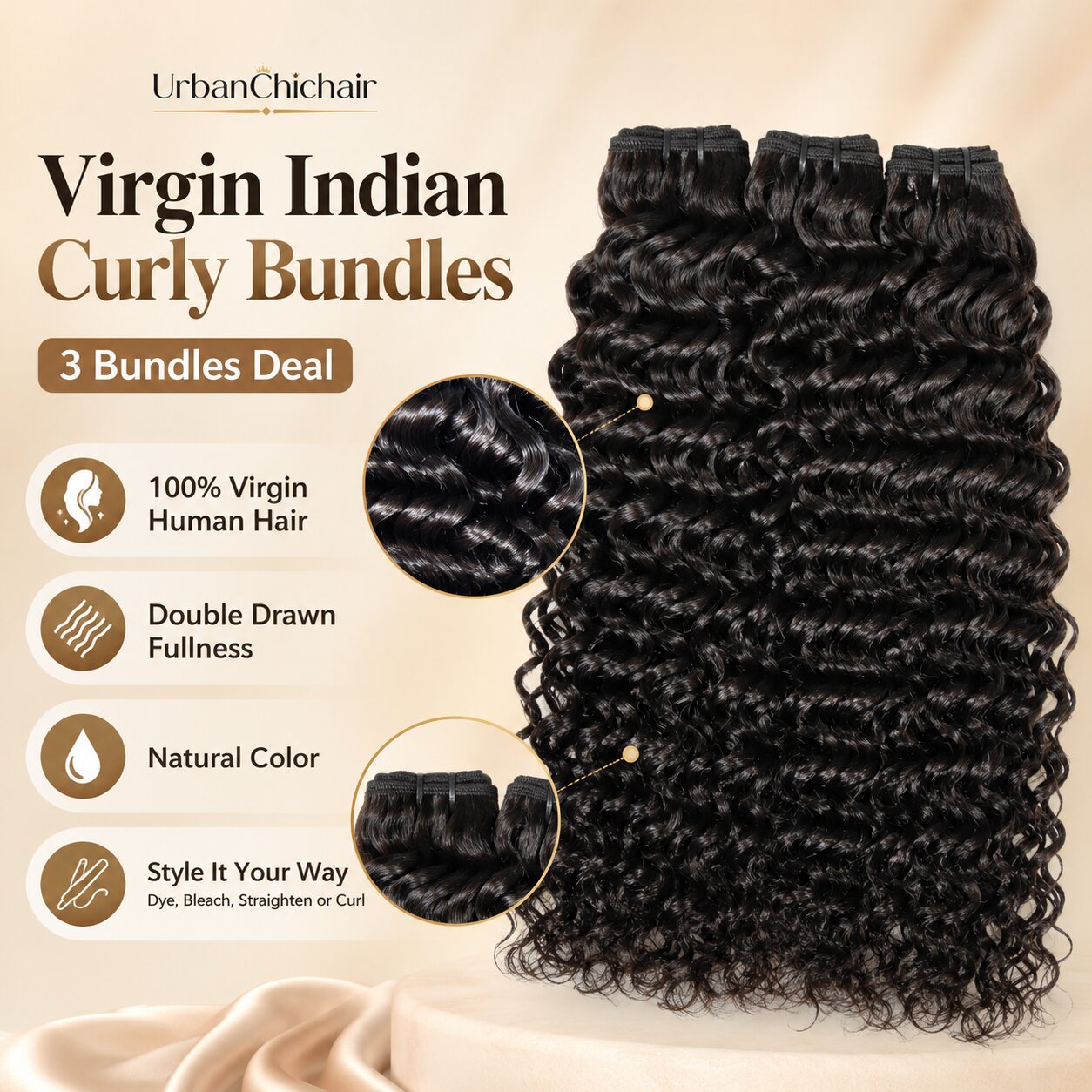 UrbanChichair Virgin Indian Curly Bundles Double Drawn product detail image showing 100% virgin human hair, natural color, double drawn fullness, and versatile styling.