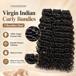 UrbanChichair Virgin Indian Curly Bundles Double Drawn product detail image showing 100% virgin human hair, natural color, double drawn fullness, and versatile styling.