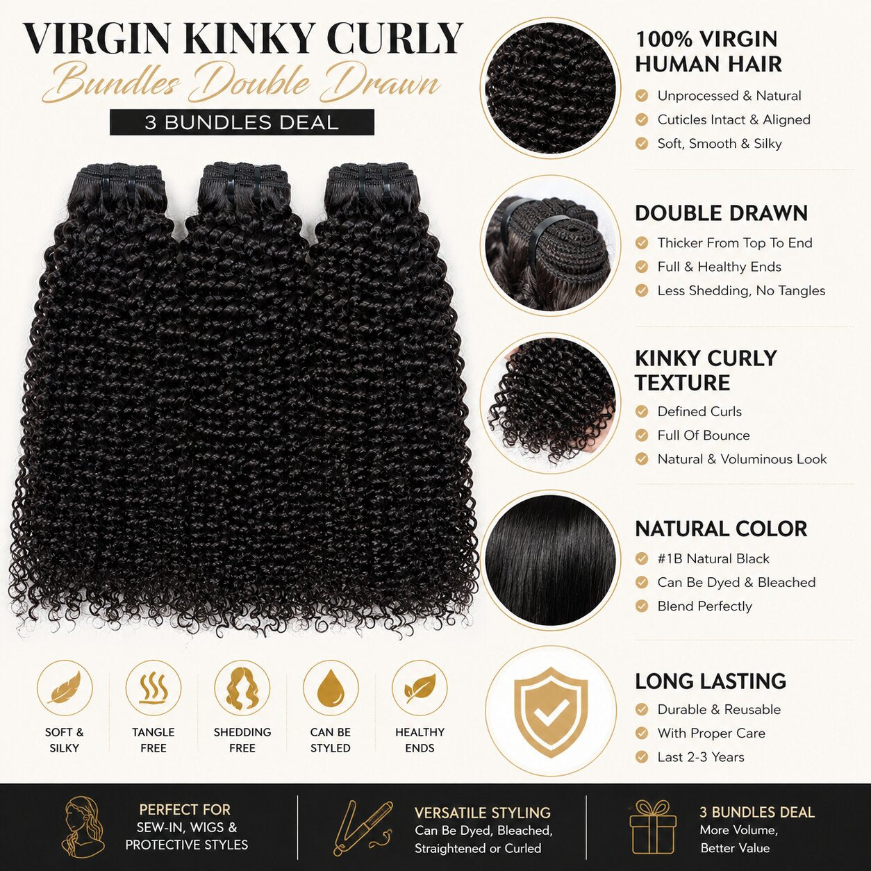 UrbanChichair Virgin Kinky Curly Bundles Double Drawn infographic showing 100% virgin human hair, defined curls, natural color, and long-lasting quality.