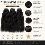 UrbanChichair Virgin Kinky Curly Bundles Double Drawn infographic showing 100% virgin human hair, defined curls, natural color, and long-lasting quality.
