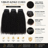UrbanChichair Virgin Kinky Curly Bundles Double Drawn infographic showing 100% virgin human hair, defined curls, natural color, and long-lasting quality.