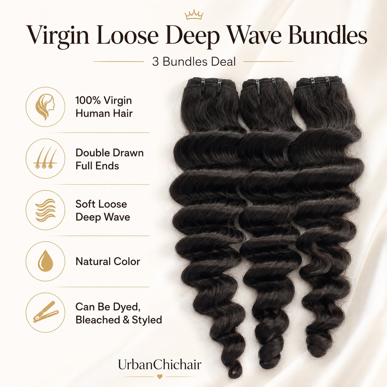 UrbanChichair Virgin Loose Deep Wave Bundles Double Drawn product feature image showing 100% virgin human hair, full ends, natural color, and versatile styling