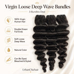 UrbanChichair Virgin Loose Deep Wave Bundles Double Drawn product feature image showing 100% virgin human hair, full ends, natural color, and versatile styling