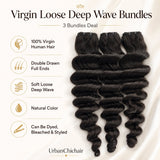 UrbanChichair Virgin Loose Deep Wave Bundles Double Drawn product feature image showing 100% virgin human hair, full ends, natural color, and versatile styling