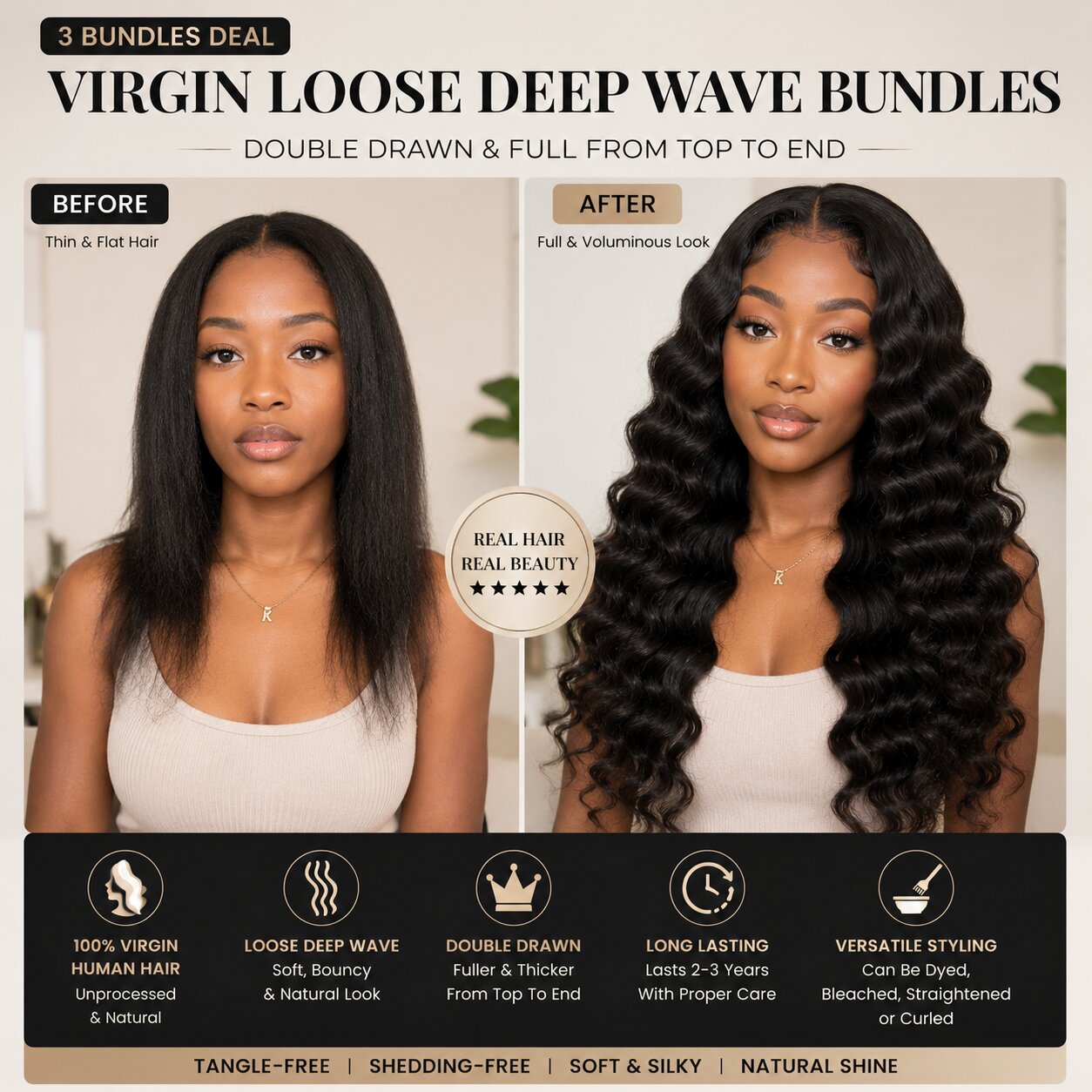 UrbanChichair Virgin Loose Deep Wave Bundles before and after hair transformation showing thin flat hair before and full voluminous loose deep wave hair after