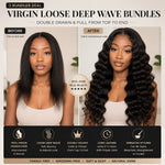 UrbanChichair Virgin Loose Deep Wave Bundles before and after hair transformation showing thin flat hair before and full voluminous loose deep wave hair after