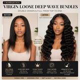 UrbanChichair Virgin Loose Deep Wave Bundles before and after hair transformation showing thin flat hair before and full voluminous loose deep wave hair after