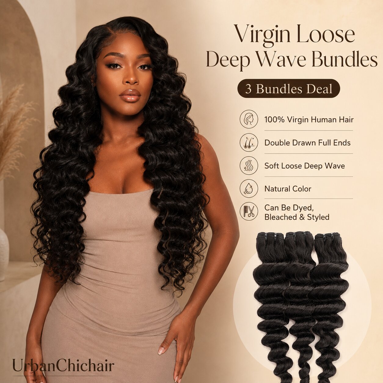 UrbanChichair Virgin Loose Deep Wave Bundles model display featuring soft loose deep wave texture, double drawn full ends, natural color, and 3 bundles deal