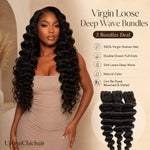 UrbanChichair Virgin Loose Deep Wave Bundles model display featuring soft loose deep wave texture, double drawn full ends, natural color, and 3 bundles deal