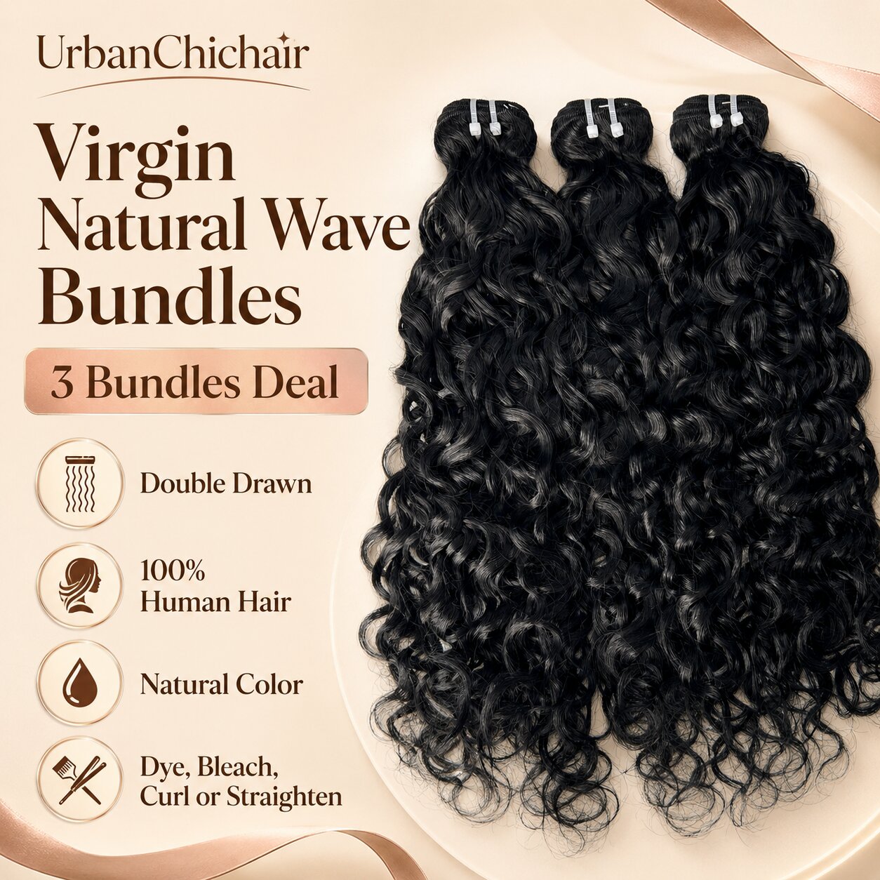 UrbanChichair Virgin Natural Wave Bundles 3 bundles deal featuring double drawn human hair, natural color, and versatile styling.