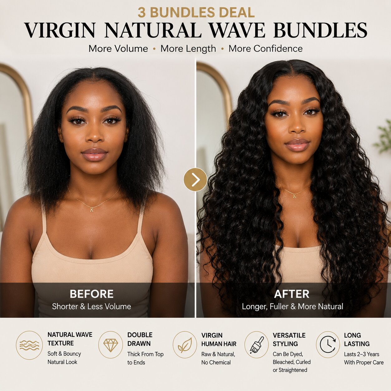 UrbanChichair Virgin Natural Wave Bundles before and after transformation showing longer, fuller, natural black wavy hair.