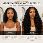 UrbanChichair Virgin Natural Wave Bundles before and after transformation showing longer, fuller, natural black wavy hair.