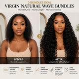 UrbanChichair Virgin Natural Wave Bundles before and after transformation showing longer, fuller, natural black wavy hair.