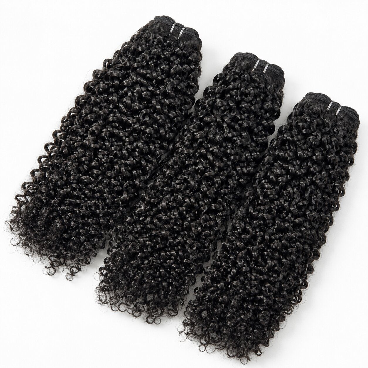 UrbanChichair Virgin Pixie Curly Bundles Double Drawn 3 bundles deal natural color human hair extensions on white background.