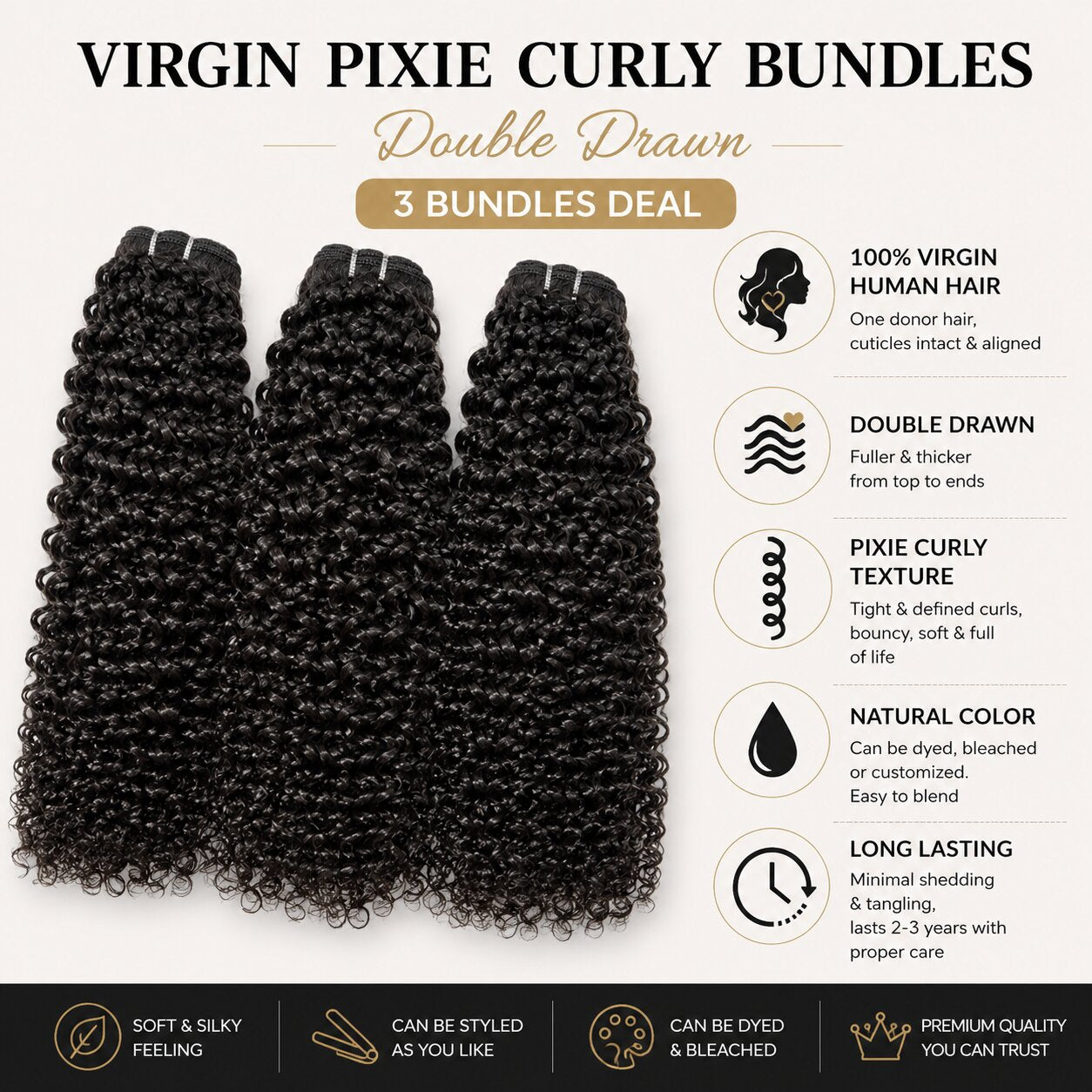 UrbanChichair Virgin Pixie Curly Bundles Double Drawn 3 bundles deal product feature image with soft silky curls and premium human hair benefits.