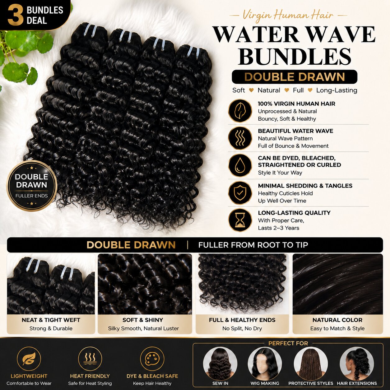 UrbanChichair Virgin Water Wave Bundles Double Drawn 3 bundles deal product infographic showing natural black water wave hair, full ends, and styling benefits.