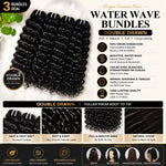 UrbanChichair Virgin Water Wave Bundles Double Drawn 3 bundles deal product infographic showing natural black water wave hair, full ends, and styling benefits.