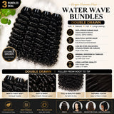UrbanChichair Virgin Water Wave Bundles Double Drawn 3 bundles deal product infographic showing natural black water wave hair, full ends, and styling benefits.