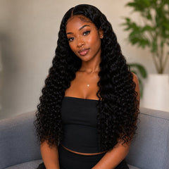 UrbanChichair Virgin Water Wave Bundles Double Drawn model front view wearing long natural black water wave human hair extensions with a soft glossy finish.
