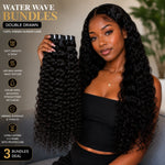UrbanChichair Virgin Water Wave Bundles Double Drawn model holding water wave human hair bundles with soft, shiny, full, and long-lasting texture.